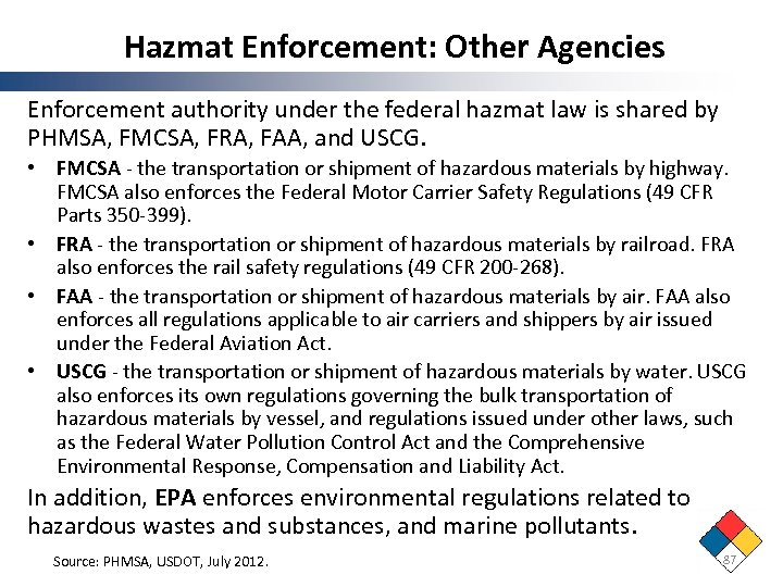 Hazmat Enforcement: Other Agencies Enforcement authority under the federal hazmat law is shared by