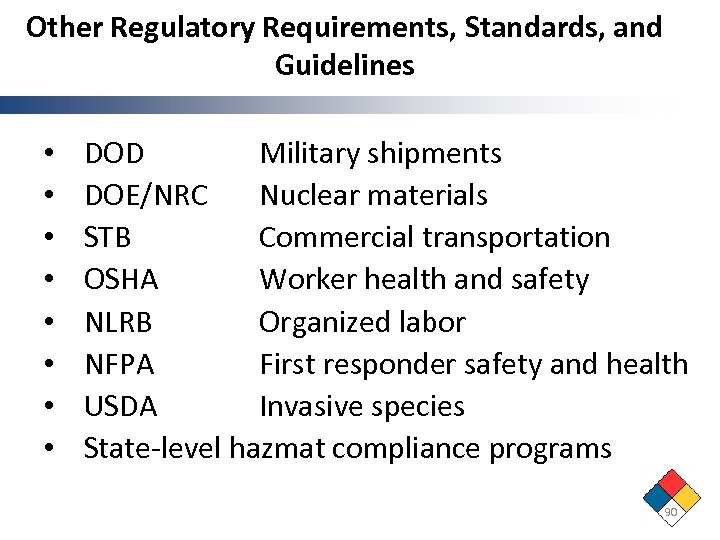 Other Regulatory Requirements, Standards, and Guidelines • • DOD Military shipments DOE/NRC Nuclear materials