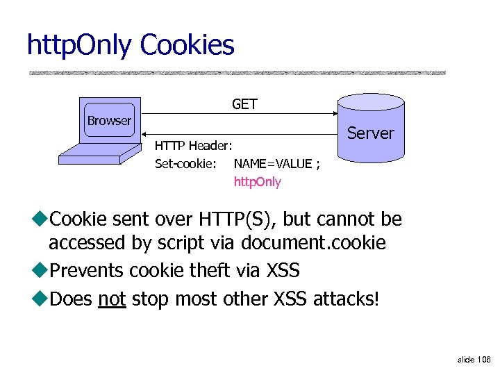 http. Only Cookies GET Browser HTTP Header: Set-cookie: NAME=VALUE ; http. Only Server u.