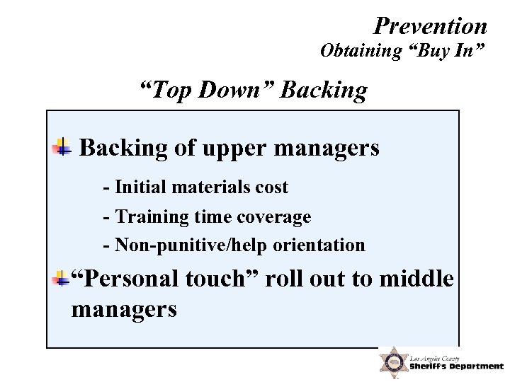 Prevention Obtaining “Buy In” “Top Down” Backing of upper managers - Initial materials cost