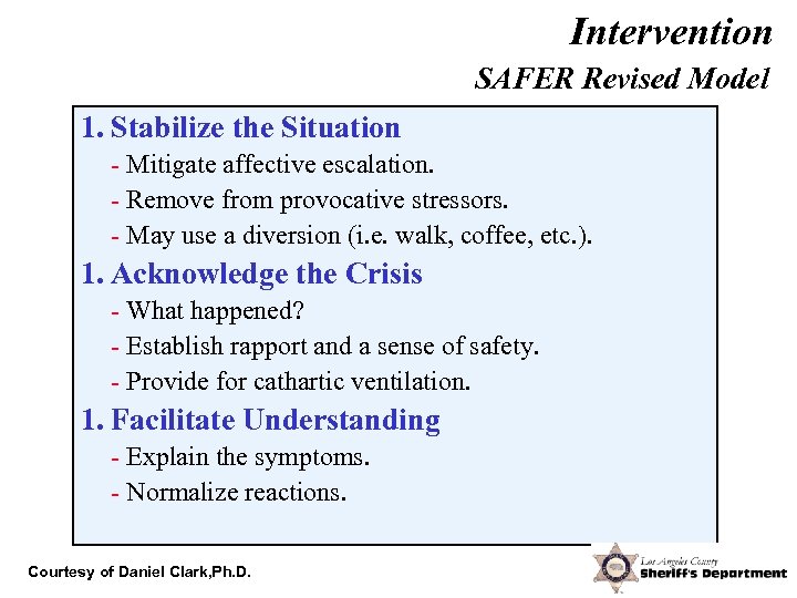 Intervention SAFER Revised Model 1. Stabilize the Situation - Mitigate affective escalation. - Remove