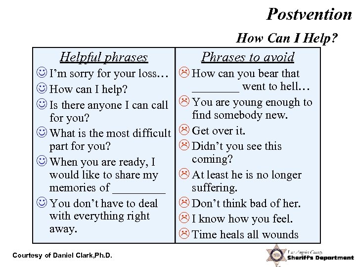 Postvention Helpful phrases How Can I Help? Phrases to avoid J I’m sorry for