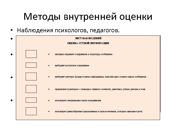 Методы внутренней оценки • Наблюдения психологов, педагогов. ЛИСТ НАБЛЮДЕНИЙ • Оценка на основе результатов