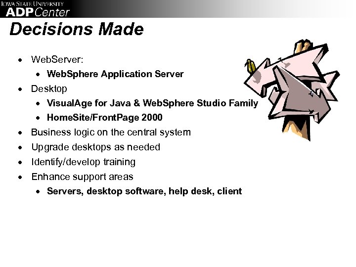 Decisions Made · Web. Server: · Web. Sphere Application Server · Desktop · Visual.