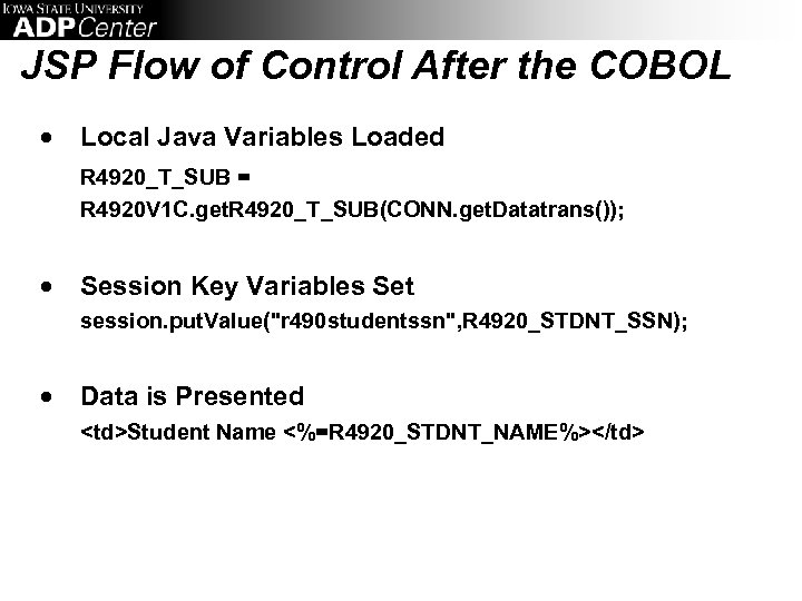 JSP Flow of Control After the COBOL · Local Java Variables Loaded · Session