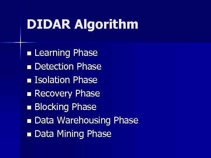 DIDAR Algorithm Learning Phase n Detection Phase n Isolation Phase n Recovery Phase n