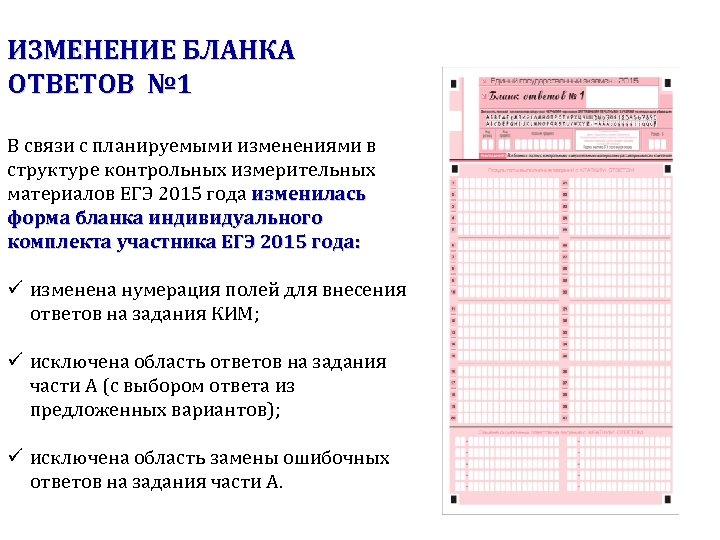 ИЗМЕНЕНИЕ БЛАНКА ОТВЕТОВ № 1 В связи с планируемыми изменениями в структуре контрольных измерительных