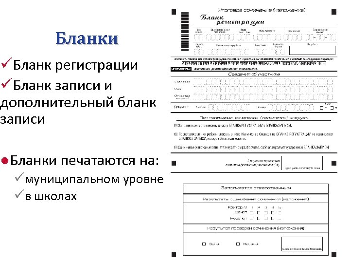 Бланки üБланк регистрации üБланк записи и дополнительный бланк записи ●Бланки печатаются на: üмуниципальном уровне