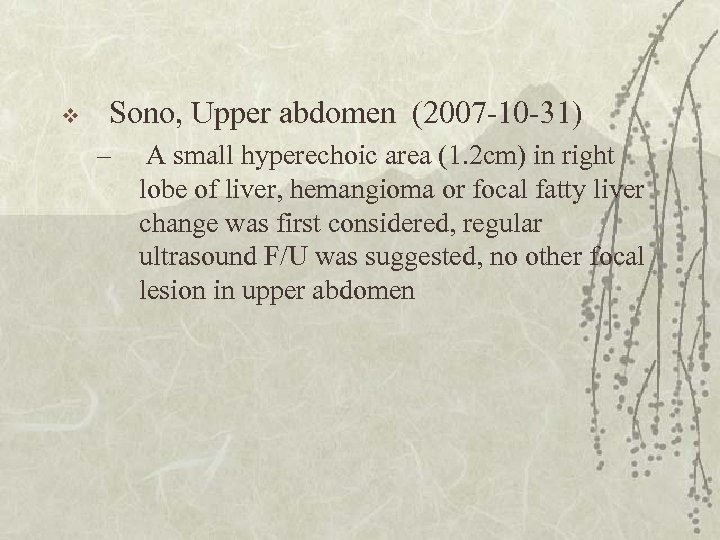 v Sono, Upper abdomen (2007 -10 -31) – A small hyperechoic area (1. 2