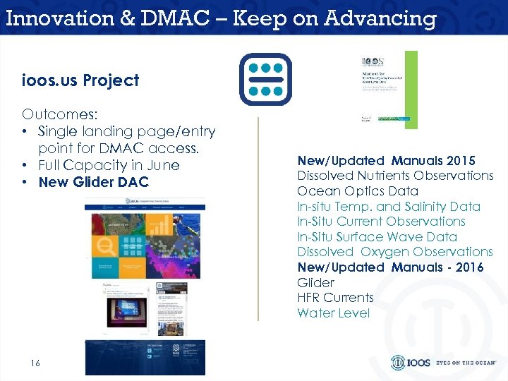 Innovation & DMAC – Keep on Advancing ioos. us Project Outcomes: • Single landing