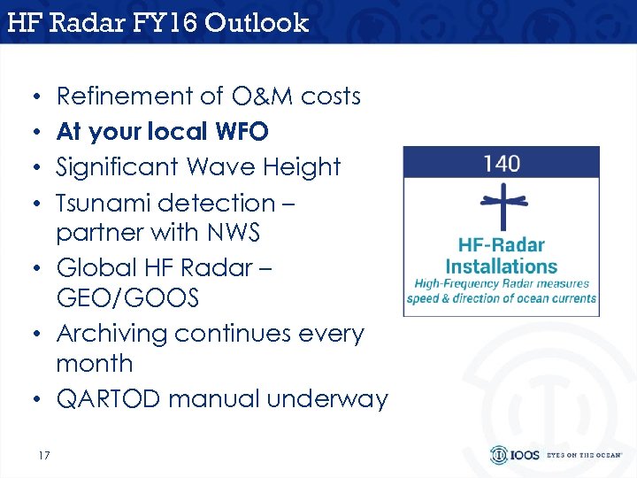 HF Radar FY 16 Outlook Refinement of O&M costs At your local WFO Significant