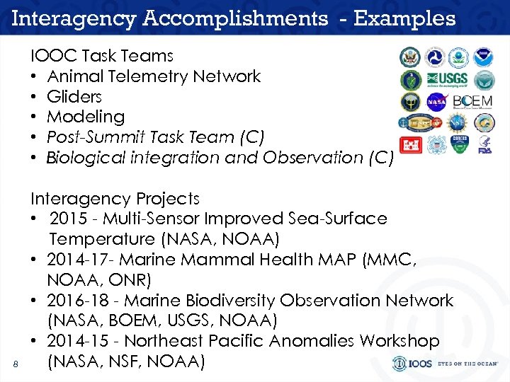 Interagency Accomplishments - Examples IOOC Task Teams • Animal Telemetry Network • Gliders •