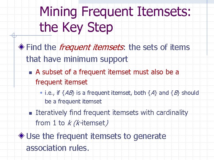 Mining Frequent Itemsets: the Key Step Find the frequent itemsets: the sets of items