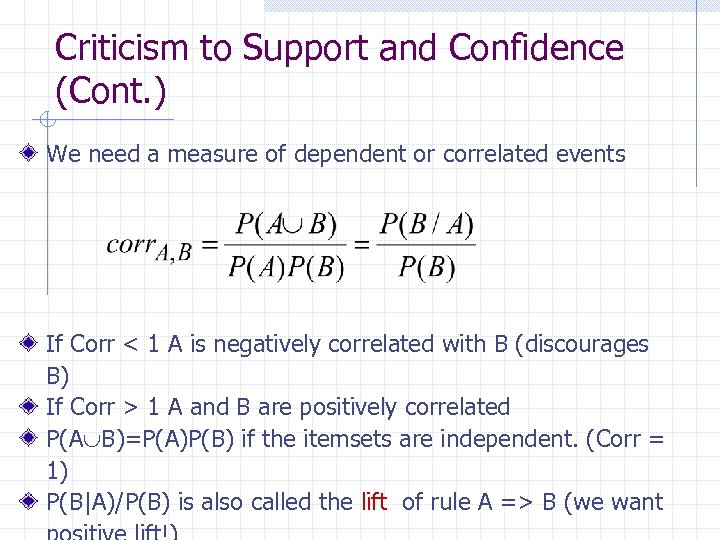 Criticism to Support and Confidence (Cont. ) We need a measure of dependent or