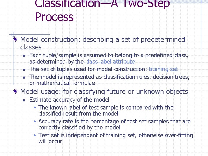 Classification—A Two-Step Process Model construction: describing a set of predetermined classes n n n