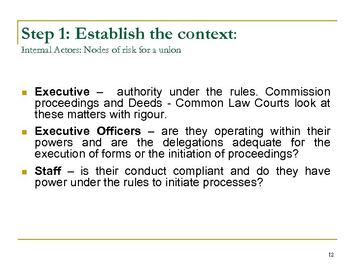 Step 1: Establish the context: Internal Actors: Nodes of risk for a union n