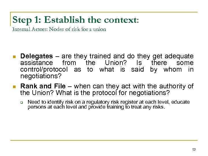 Step 1: Establish the context: Internal Actors: Nodes of risk for a union n