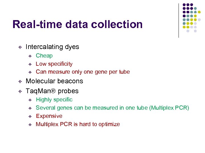 Real-time data collection ± Intercalating dyes ± ± ± Cheap Low specificity Can measure