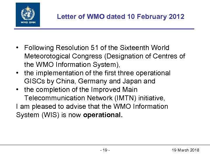 World Meteorological Organization Letter Meteorological Organization World of WMO dated 10 February 2012 Working
