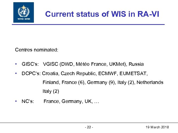 World Meteorological Organization Current status of WIS in RA-VI World Meteorological Organization Working together