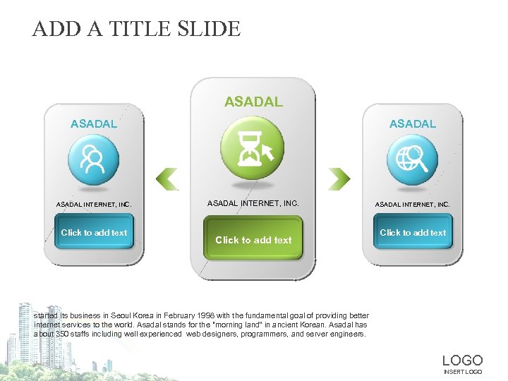 ADD A TITLE SLIDE ASADAL INTERNET, INC. Click to add text ASADAL INTERNET, INC.