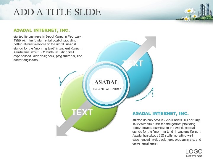 ADD A TITLE SLIDE ASADAL INTERNET, INC. started its business in Seoul Korea in