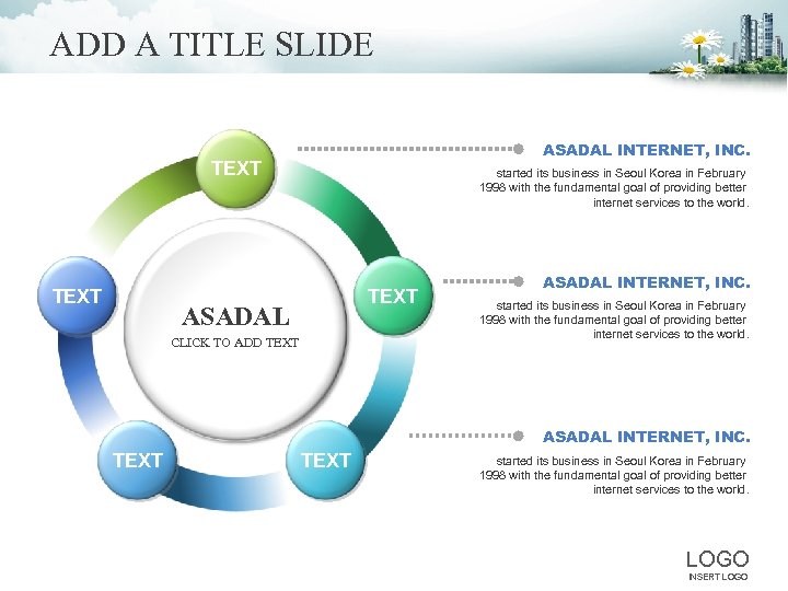 ADD A TITLE SLIDE ASADAL INTERNET, INC. TEXT started its business in Seoul Korea