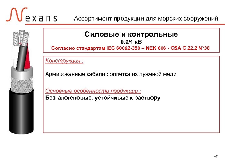 Ассортимент продукции для морских сооружений Силовые и контрольные 0. 6/1 к. В Согласно стандартам