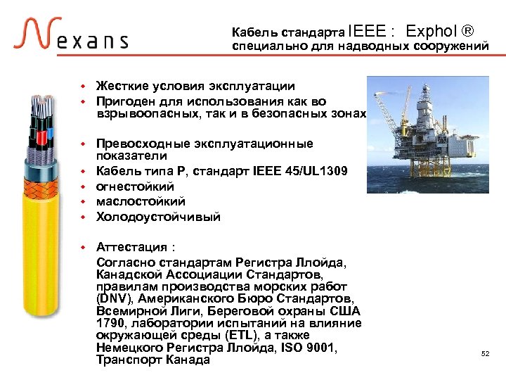 Кабель стандарта IEEE : Exphol ® специально для надводных сооружений w w Жесткие условия