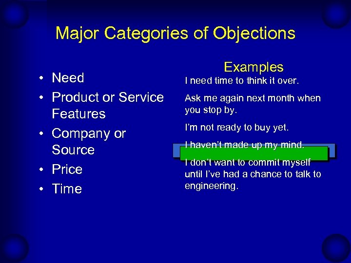 Major Categories of Objections • Need • Product or Service Features • Company or