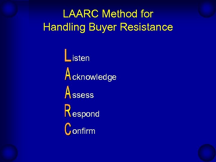 LAARC Method for Handling Buyer Resistance isten cknowledge ssess espond onfirm 