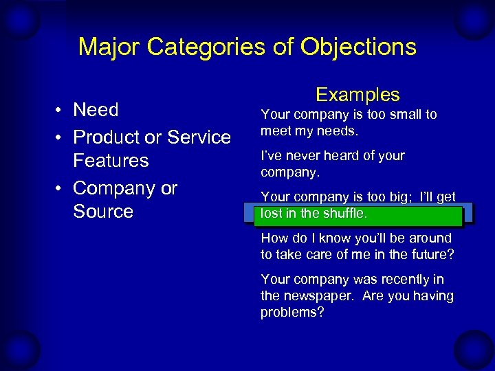 Major Categories of Objections • Need • Product or Service Features • Company or