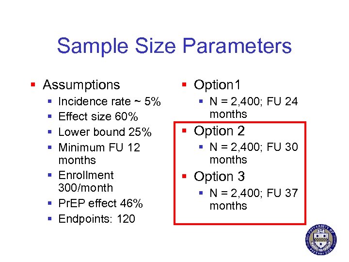 Sample Size Parameters § Assumptions § § Incidence rate ~ 5% Effect size 60%