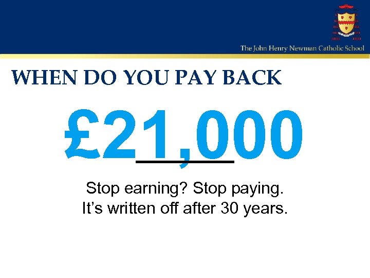 WHEN DO YOU PAY BACK £ 21, 000 Stop earning? Stop paying. It’s written