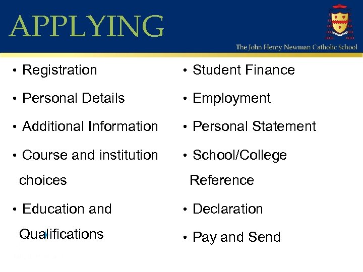 APPLYING • Registration • Student Finance • Personal Details • Employment • Additional Information