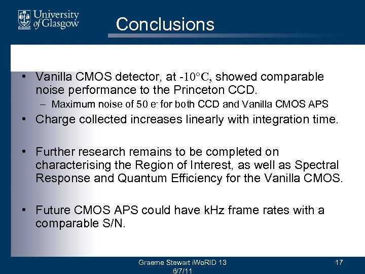 Conclusions • Vanilla CMOS detector, at -10°C, showed comparable noise performance to the Princeton