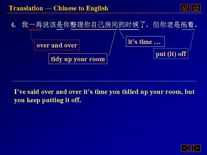Translation — Chinese to English 4. 我一再说该是你整理你自己房间的时候了，但你老是拖着。 over and over tidy up your room