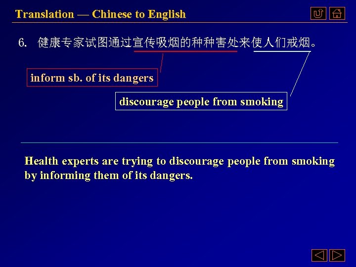 Translation — Chinese to English 6. 健康专家试图通过宣传吸烟的种种害处来使人们戒烟。 inform sb. of its dangers discourage people