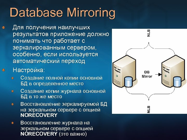 Database Mirroring Для получения наилучших результатов приложение должно понимать что работает с зеркалированным сервером,