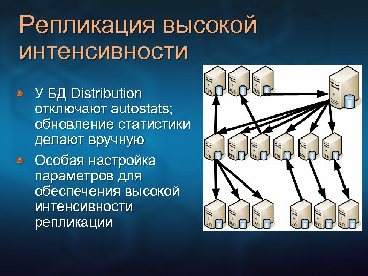 Репликация высокой интенсивности У БД Distribution отключают autostats; обновление статистики делают вручную Особая настройка