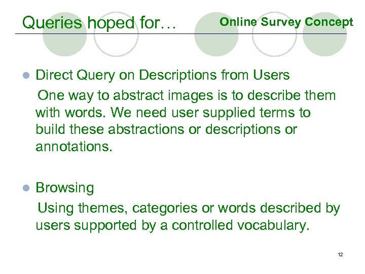 Queries hoped for… Online Survey Concept l Direct Query on Descriptions from Users One