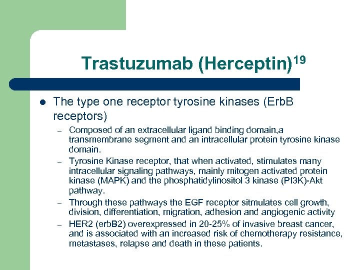 Trastuzumab (Herceptin)19 l The type one receptor tyrosine kinases (Erb. B receptors) – –