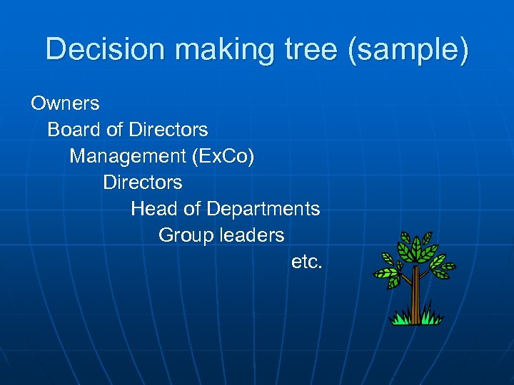 Decision making tree (sample) Owners Board of Directors Management (Ex. Co) Directors Head of