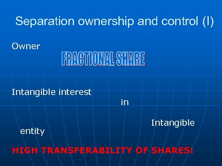 Separation ownership and control (I) Owner Intangible interest entity in Intangible HIGH TRANSFERABILITY OF