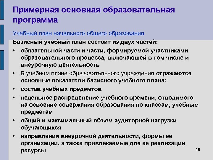 Примерная основная образовательная программа Учебный план начального общего образования Базисный учебный план состоит из