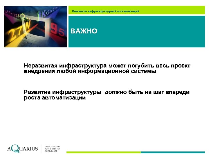 Важность инфраструктурной составляющей ВАЖНО Неразвитая инфраструктура может погубить весь проект внедрения любой информационной системы