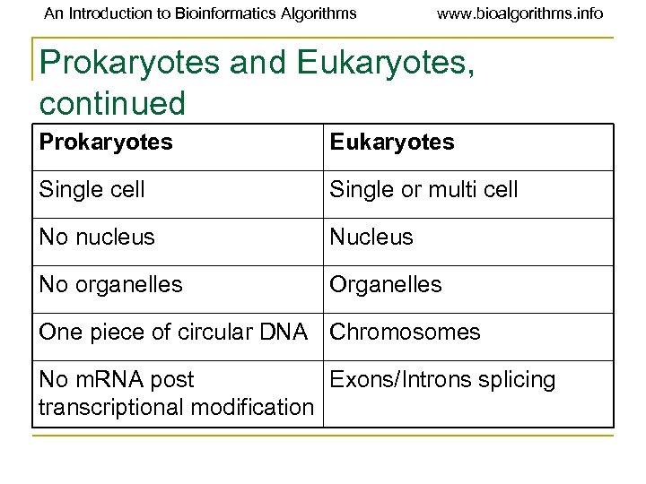 An Introduction to Bioinformatics Algorithms www. bioalgorithms. info Prokaryotes and Eukaryotes, continued Prokaryotes Eukaryotes