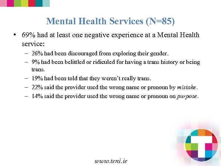 Mental Health Services (N=85) • 69% had at least one negative experience at a