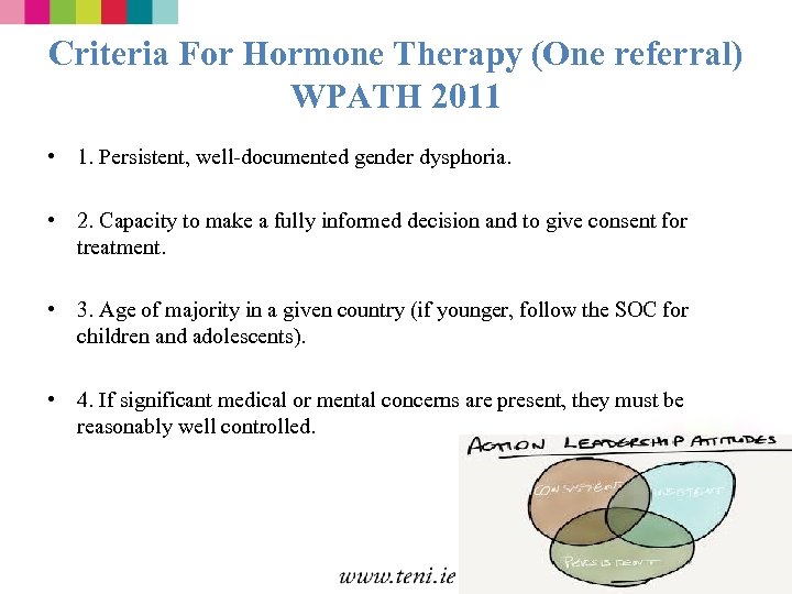 Criteria For Hormone Therapy (One referral) WPATH 2011 • 1. Persistent, well-documented gender dysphoria.