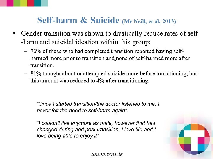 Self-harm & Suicide (Mc Neill, et al, 2013) • Gender transition was shown to